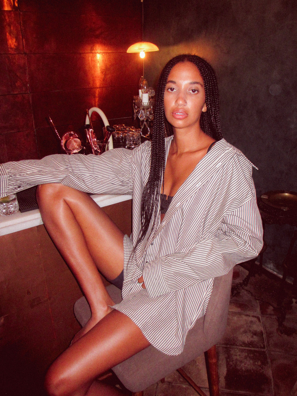 Striped Collared Button-Up Shirt Grey / White