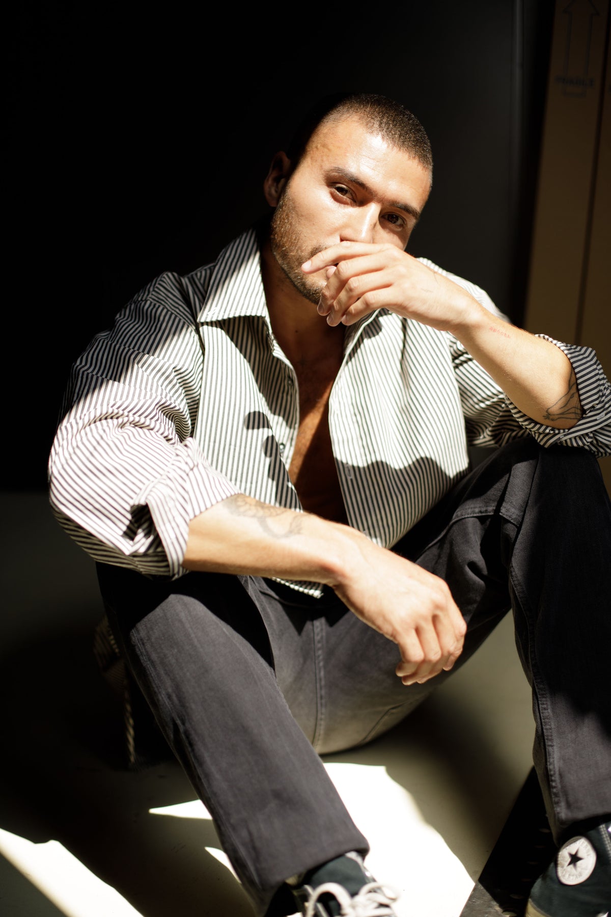 Striped Collared Button-Up Shirt Grey / White